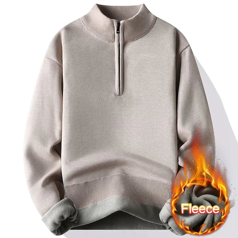 Autumn Winter Fleece Sweater for Men Solid Color Mock Neck Half Zipper Windproof Casual Classic Pullovers Slim Fit Knitwear