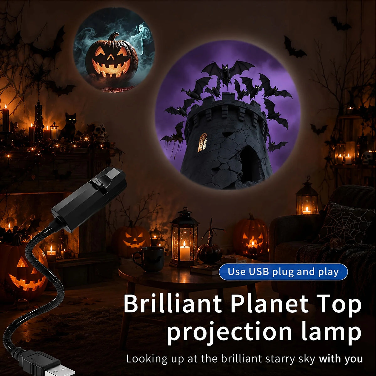 Projecteur LED d’Halloween pour veilleries, Plug and Play USB, projecteur LED HD pour plafond et fenêtre, décoration d’Halloween, lampe murale