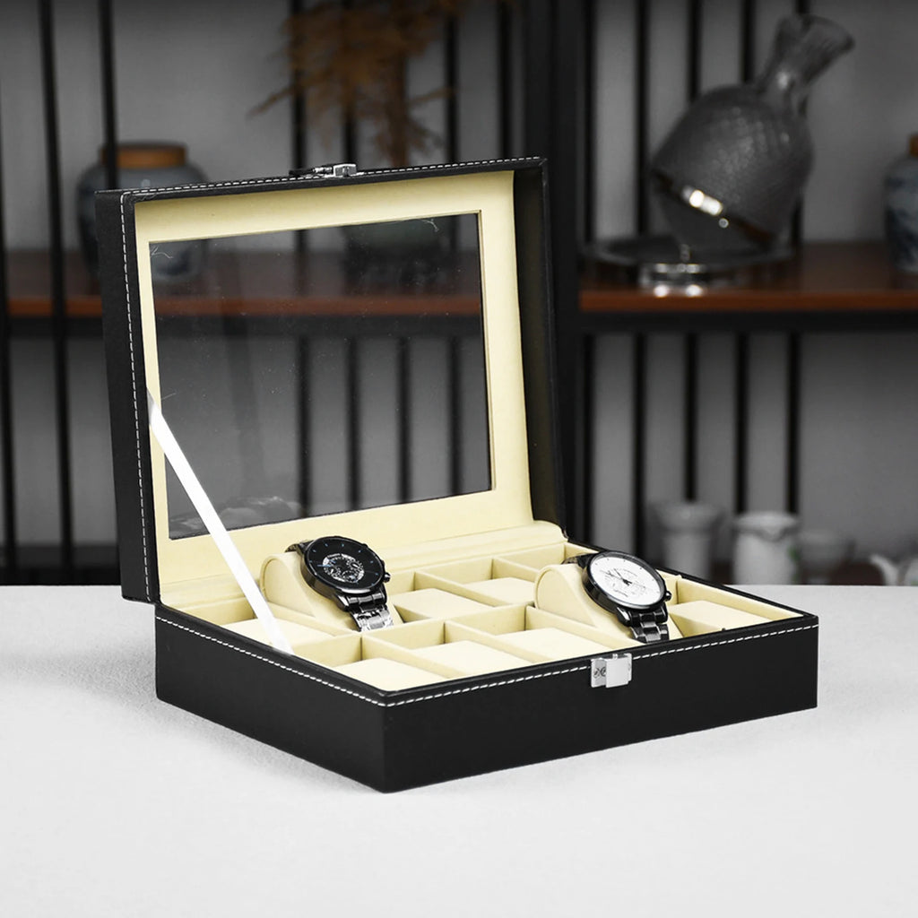 Boîtier de rangement pour 10/12 montres, présentoir en cuir PU avec couvercle en verre, vitrine à bijoux pour anniversaires et Noël