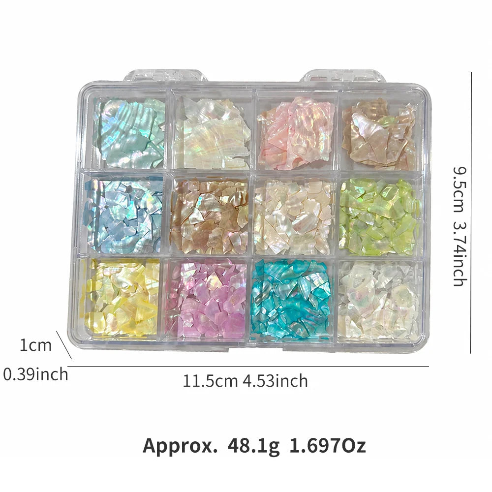 1 Box 3D irisierende Abalone-Muschel-Nagelanhänger, unregelmäßige Aurora-Muschelscheiben, Nagelkunst-Dekorationen, Sommer-Maniküre-Zubehör
