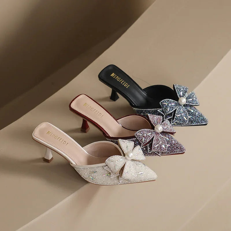 High-Heeled Shoes Lady Glitter Slides Cover Toe Low Butterfly-Knot Slippers Casual Jelly Thin Pointed Luxury Fashion Slides