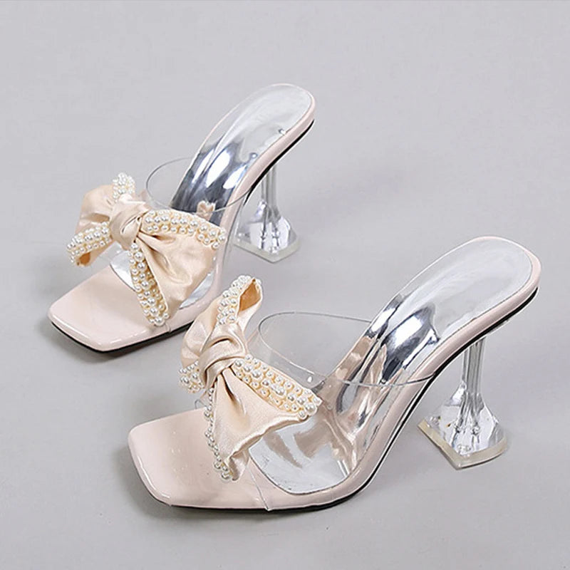Sandali mules donna Liyke trasparenti con fiocco e tacco scultoreo