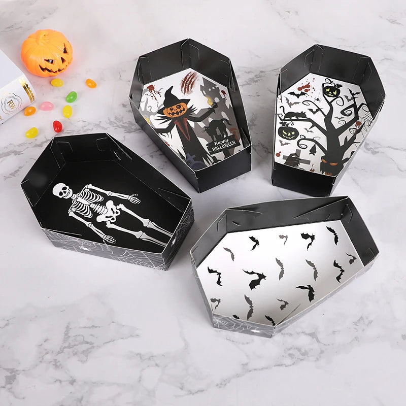 12/24 piezas Bandejas de papel con forma de ataúd para servir comida, cajas de regalo para caramelos, aperitivos y galletas, decoración y artículos para fiestas de Halloween de «truco o trato»