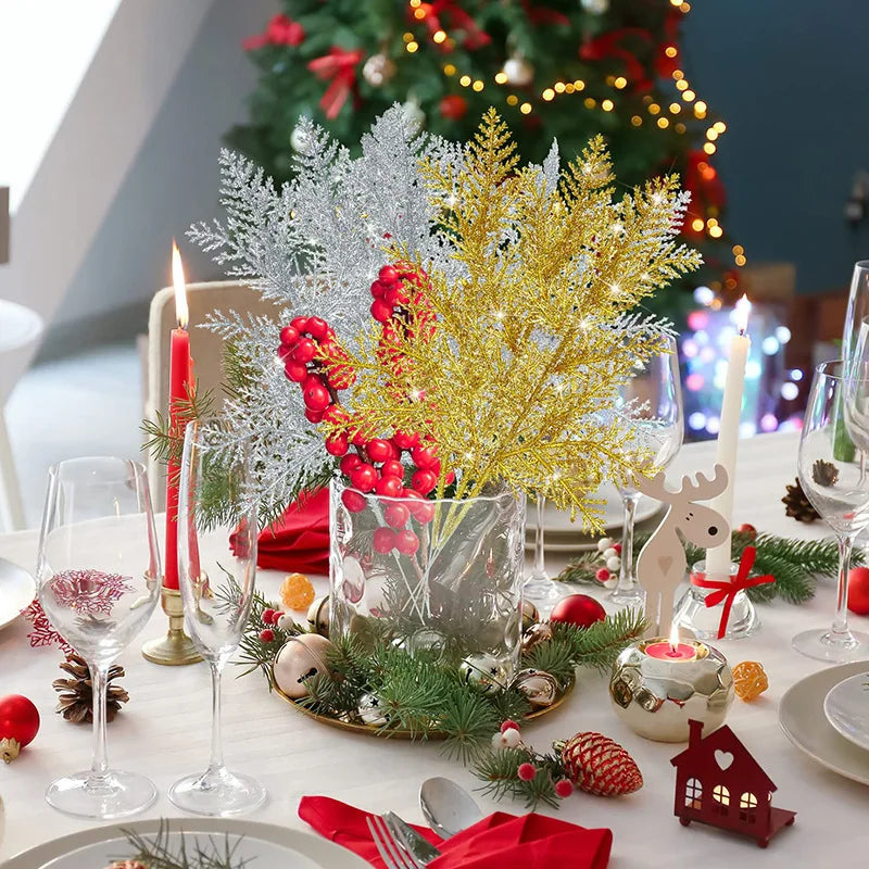 Christmas Decoration Glitter Branches and Berries Artificial Flower Bouquet, Christmas Tree Ornaments for the Home, New Year 2025 Navidad