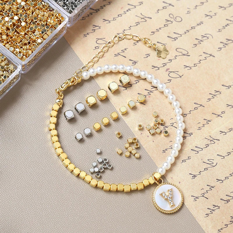 20 Stück  2-4mm  Vergoldete echte quadratische Perlen, geschliffene Perlen  DIY-Schmuck, Halskette, Armband, Abstandshalter, Zubehör, Materialien