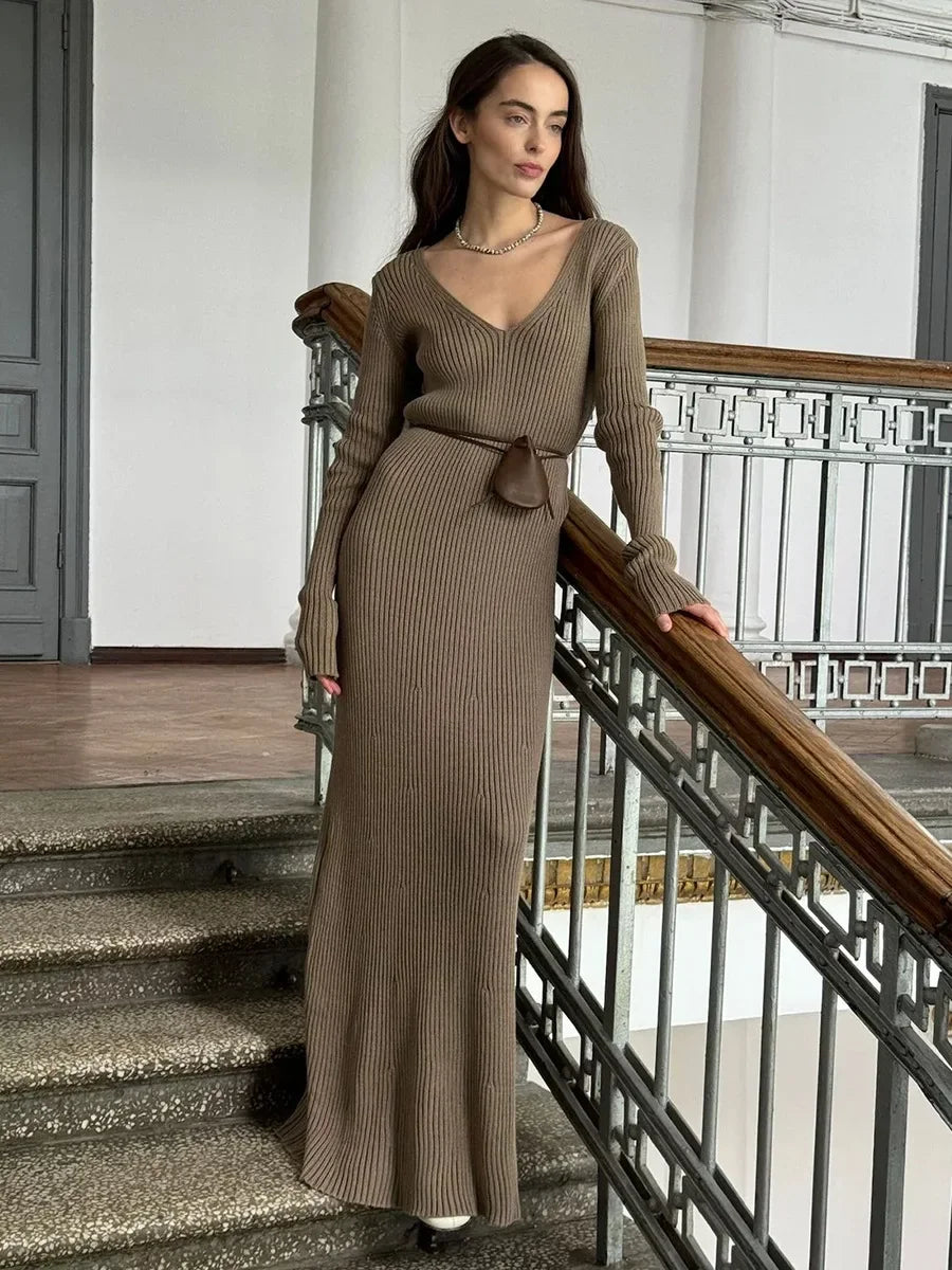 Wolfeel New Women Solid Color Long Sleeve V neck Slim Bodycon Knitted Maxi Dress Trendy Elegant Fashion Dresses  Autumn Winter