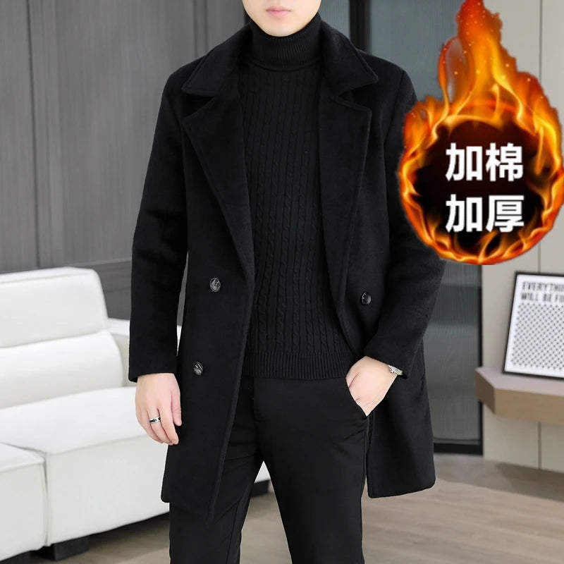 Business Casual Men's Top Mid-Length Woolen Coats 2026 Winter Warm Wool Overcoat Outwear Cotton-Thicken Liner Windbreaker Jacket