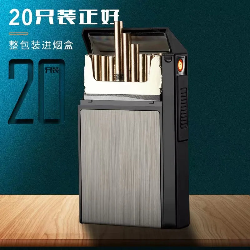 Étui à 20 cigarettes avec briquet turbo en métal, recharge au butane, gadget pour homme, coffret cadeau