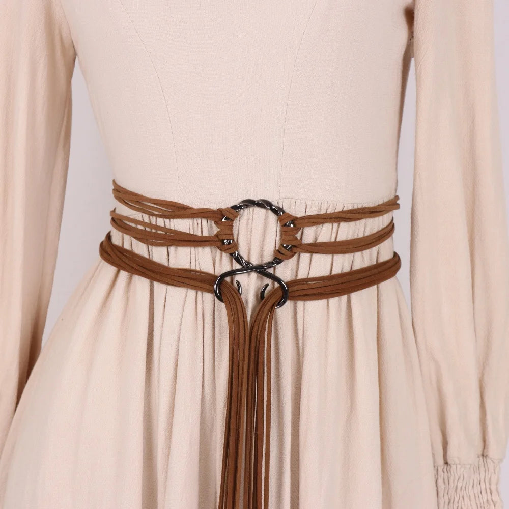 Ceinture longue bohème vintage pour femme - Corde tressée ajustable avec franges et nœud coulissant, style artisanal pour Halloween