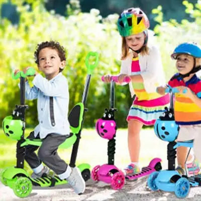 Patinete 5 en 1 para niños, patinete de 3 ruedas con luces LED intermitentes, manillar, asiento y asa de empuje ajustables y extraíbles