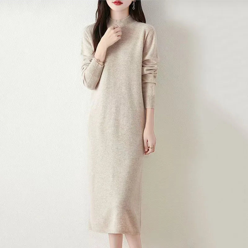 Women's knee-length knit dress with turtleneck