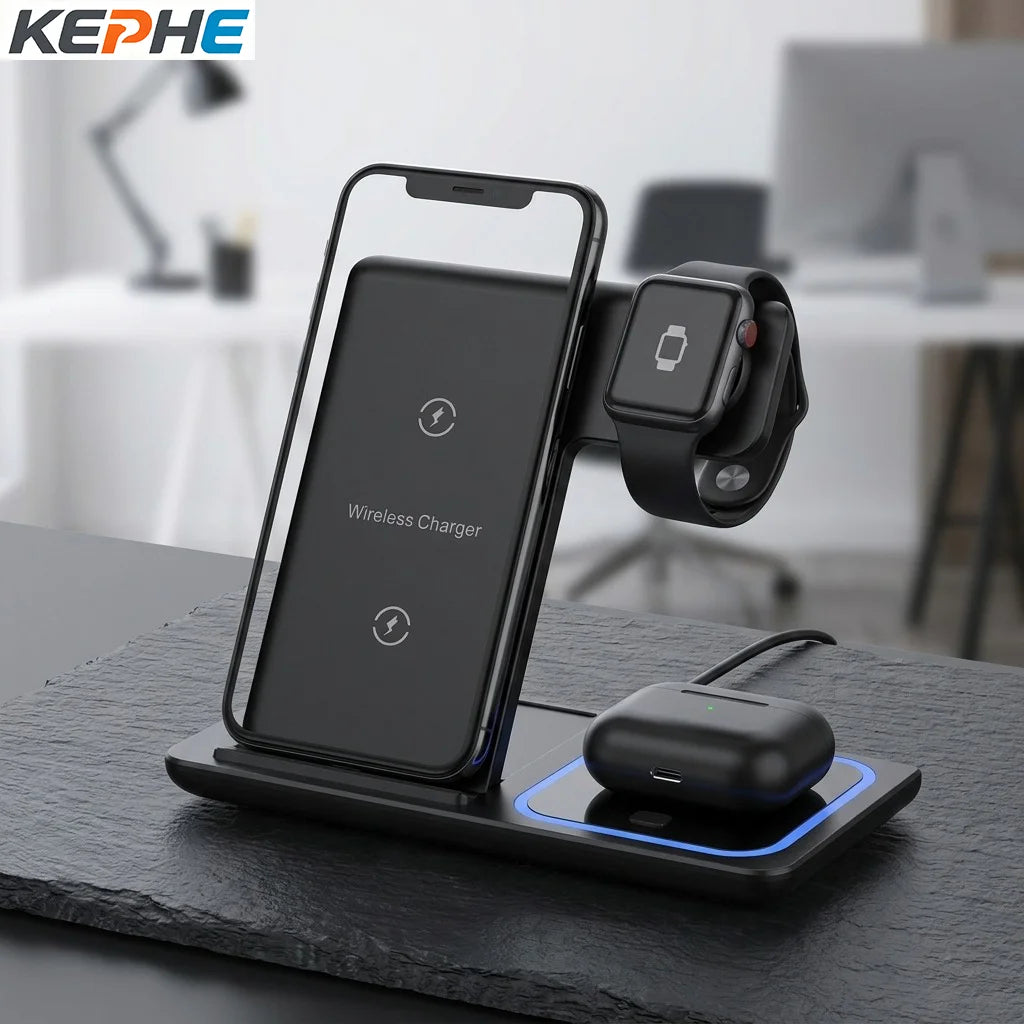15W 3 in 1 LED Fast Wireless Charger Stand Foldable Charging Station For IPhone18-11 Apple Watch 9 8 7 6 5 Airpods Pro