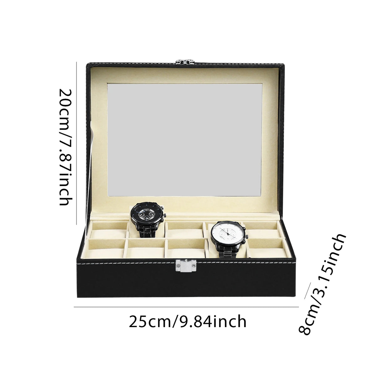 Boîtier de rangement pour 10/12 montres, présentoir en cuir PU avec couvercle en verre, vitrine à bijoux pour anniversaires et Noël