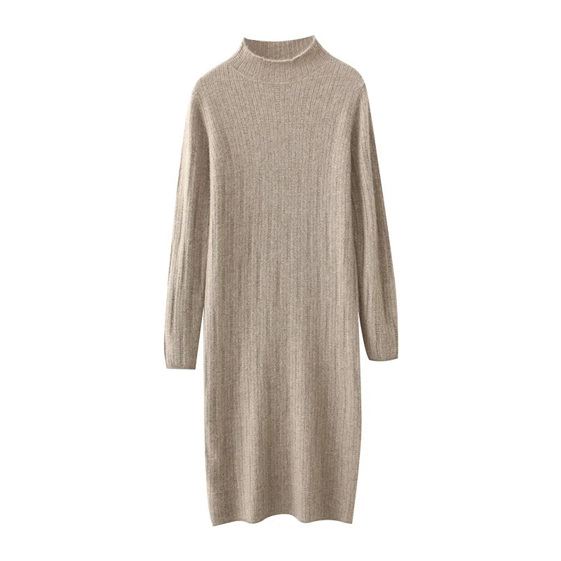 Women's knee-length wool dress with a mock neck