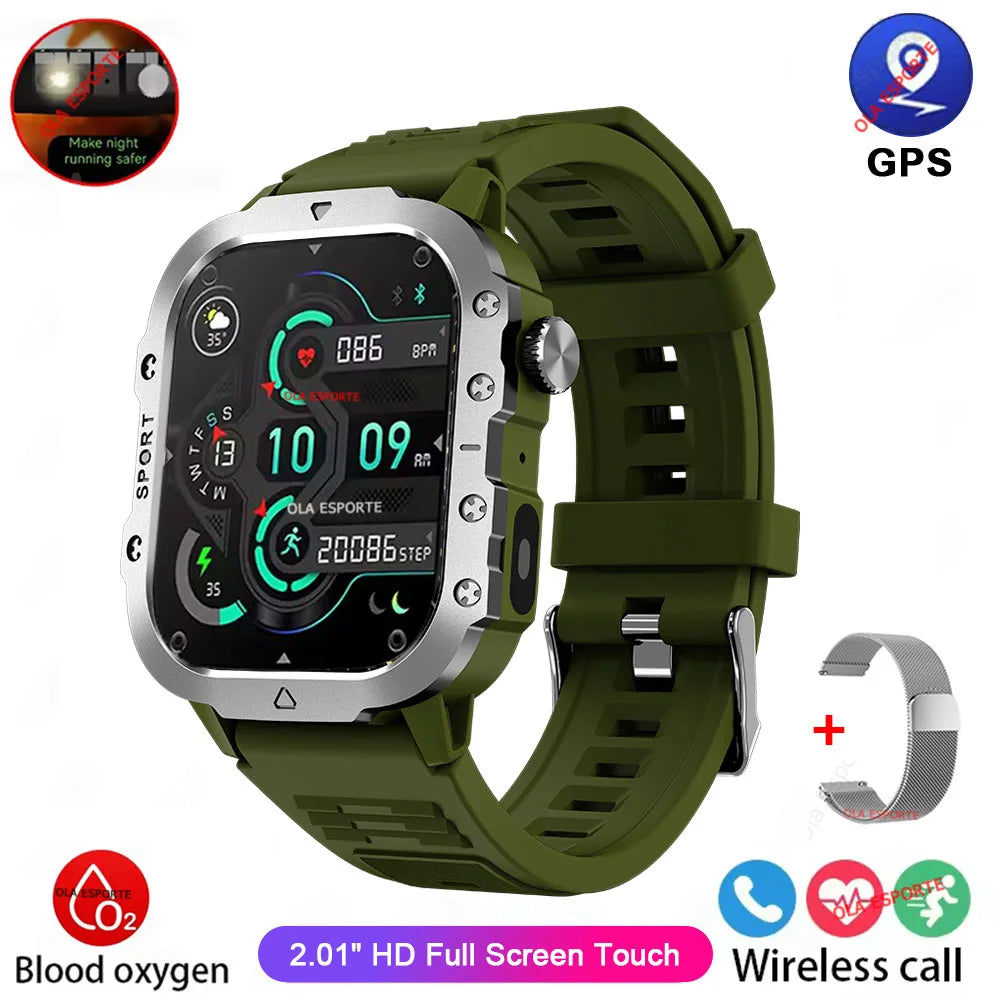 2026 Military Outdoor Smart Watch Men's GPS Flashlight Bluetooth Call 2.01" AMOLED Screen 3ATM Waterproof Sports Smartwatch Ht30
