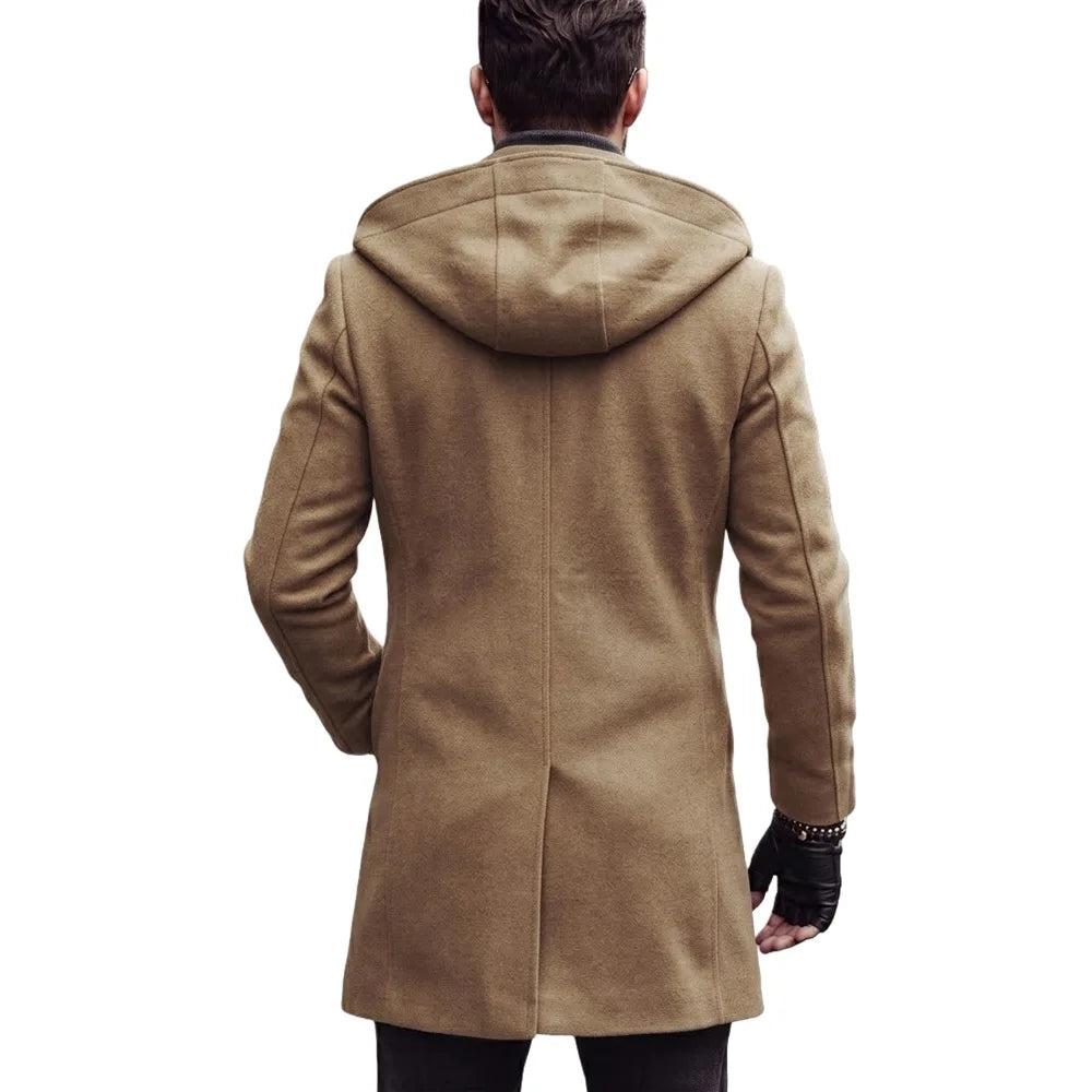 Hooded Jacket Men Wool Blends Mid Length Overcoat Double Breasted Full Sleeve Y2k Streetwear Work Trench Coat Autumn Winter 2026