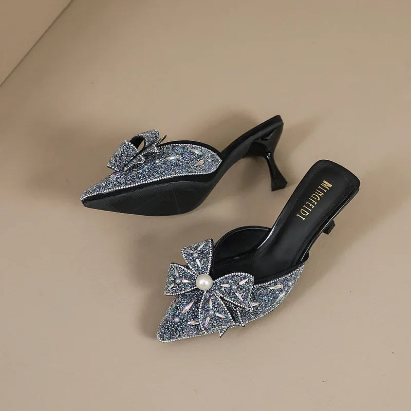 High-Heeled Shoes Lady Glitter Slides Cover Toe Low Butterfly-Knot Slippers Casual Jelly Thin Pointed Luxury Fashion Slides