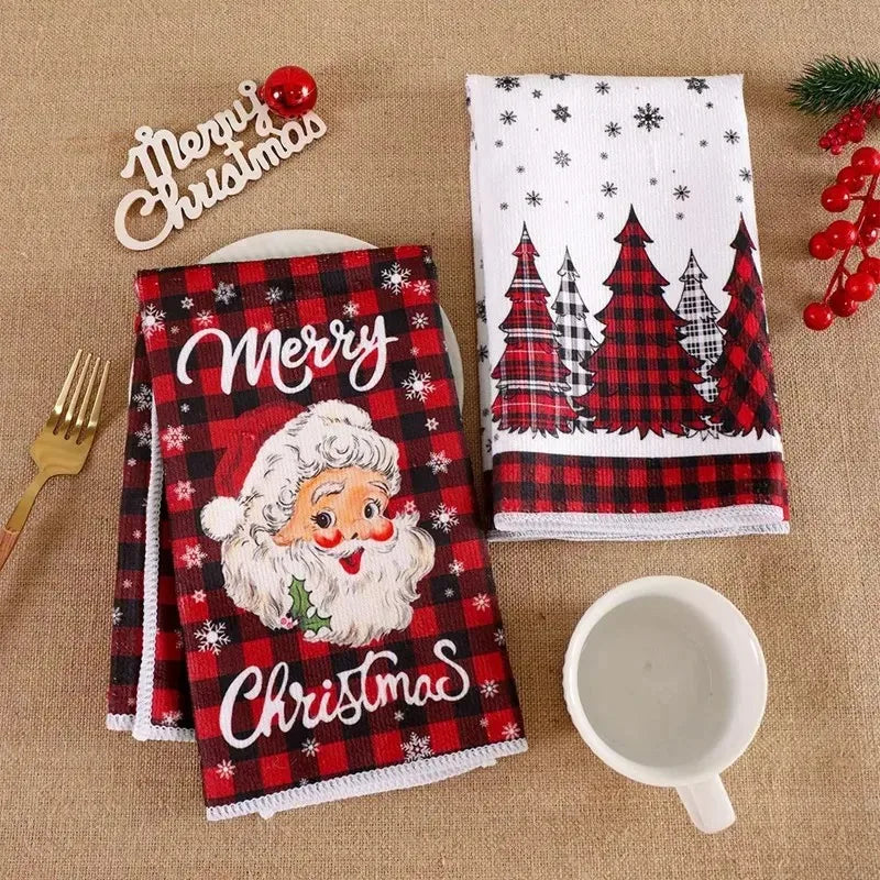 2pcs Christmas Kitchen Towels Buffalo Plaid Xmas Hand Towels Christmas Decorations for Home 2025 Navidad Noel Dish Towels Gifts
