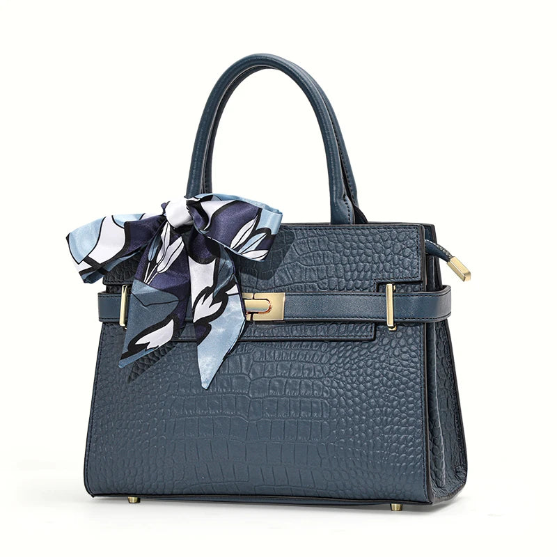 Women’s Croc-Embossed Tote Bag with Scarf Accent
