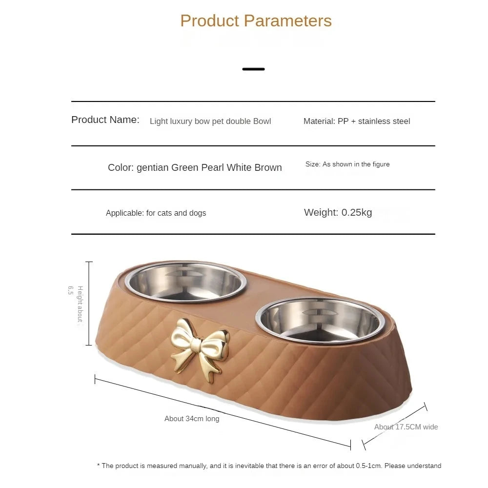 Gamelle double pour animaux de compagnie en acier inoxydable avec socle en polypropylène et nœud papillon pour chats et chiens, accessoires d'alimentation et d'abreuvement