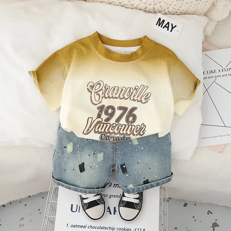Conjunto de verano de camiseta con letras estampadas y pantalones cortos vaqueros para bebés y niños de 0 a 5 años, 2 piezas, para niño o niña