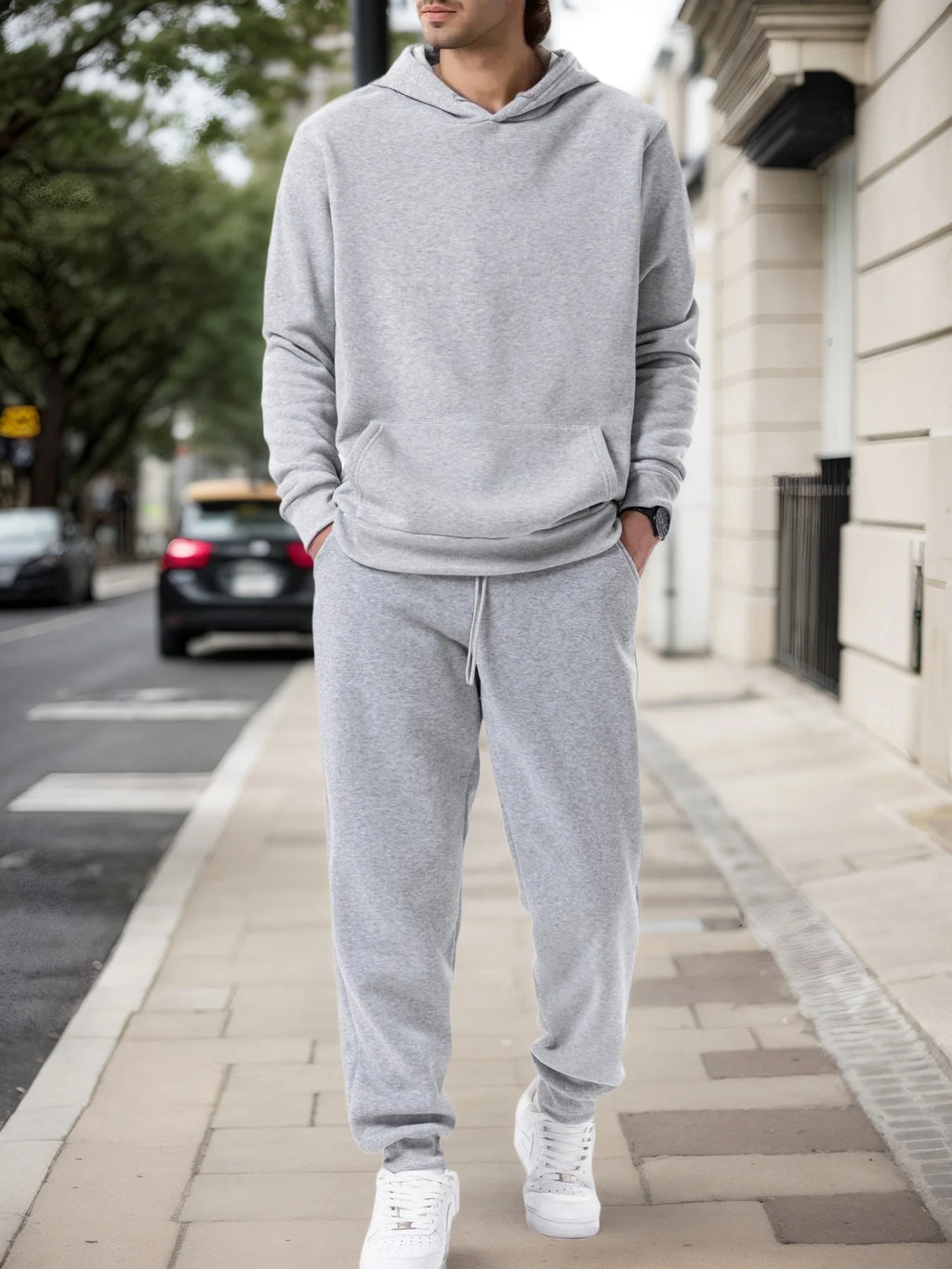 Conjunto de dos piezas de sudadera con capucha y pantalón de chándal para hombre en color liso, otoño e invierno, ropa deportiva casual de exterior a la moda, chándal para hombre