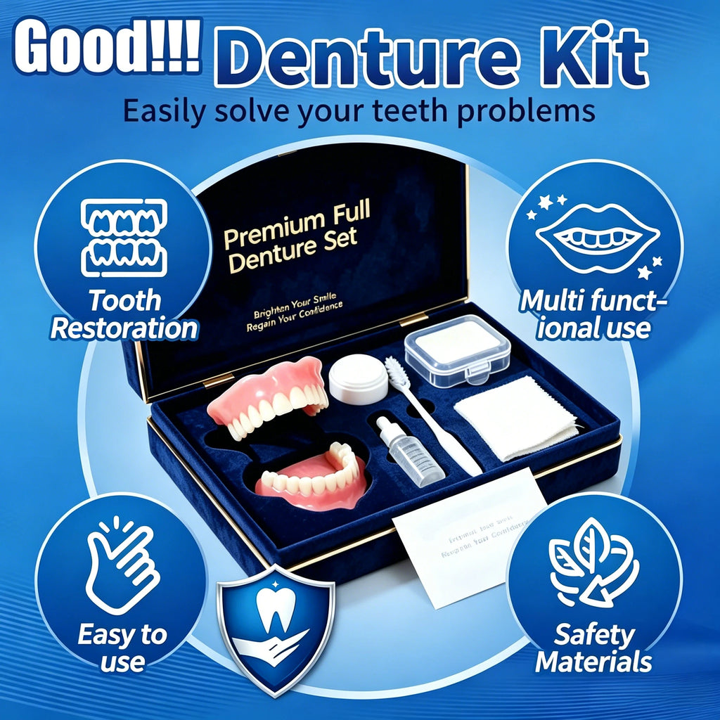 Juego completo de prótesis dentales todo en uno, kit de dentadura postiza de silicona cómoda superior e inferior con caja de regalo y herramientas completas de limpieza para el cuidado dental