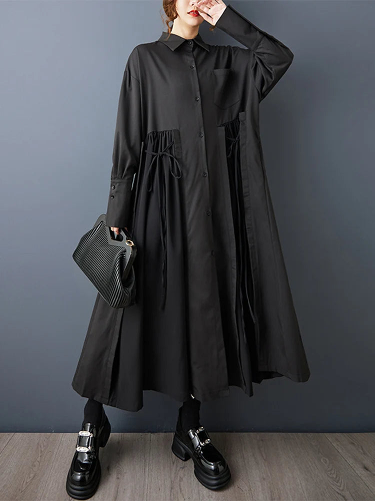 Abito chemisier nero midi da donna con allacciatura