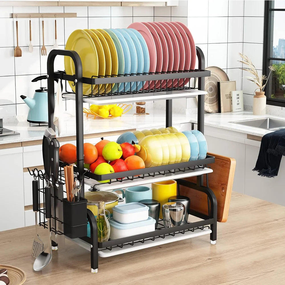 Égouttoir à vaisselle à 3 niveaux avec bac d’égouttage, porte-couverts et porte-assiettes pour évier de cuisine