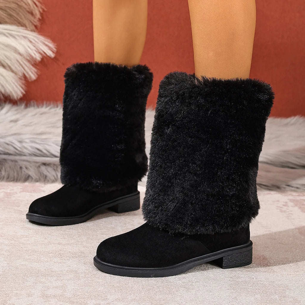 Winter-Plüschstiefel, Übergrößen 36–43, warme Outdoor-Stiefel bis zur Wadenmitte, schwarze Baumwollschuhe für Damen, zum Hineinschlüpfen, rosa Stiefeletten für Damen