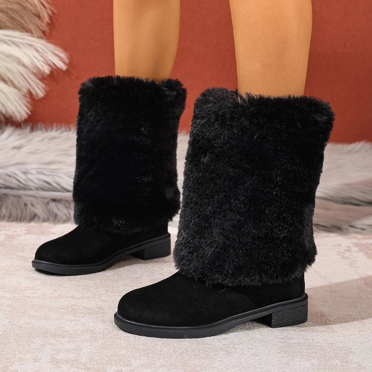 Winter-Plüschstiefel, Übergrößen 36–43, warme Outdoor-Stiefel bis zur Wadenmitte, schwarze Baumwollschuhe für Damen, zum Hineinschlüpfen, rosa Stiefeletten für Damen