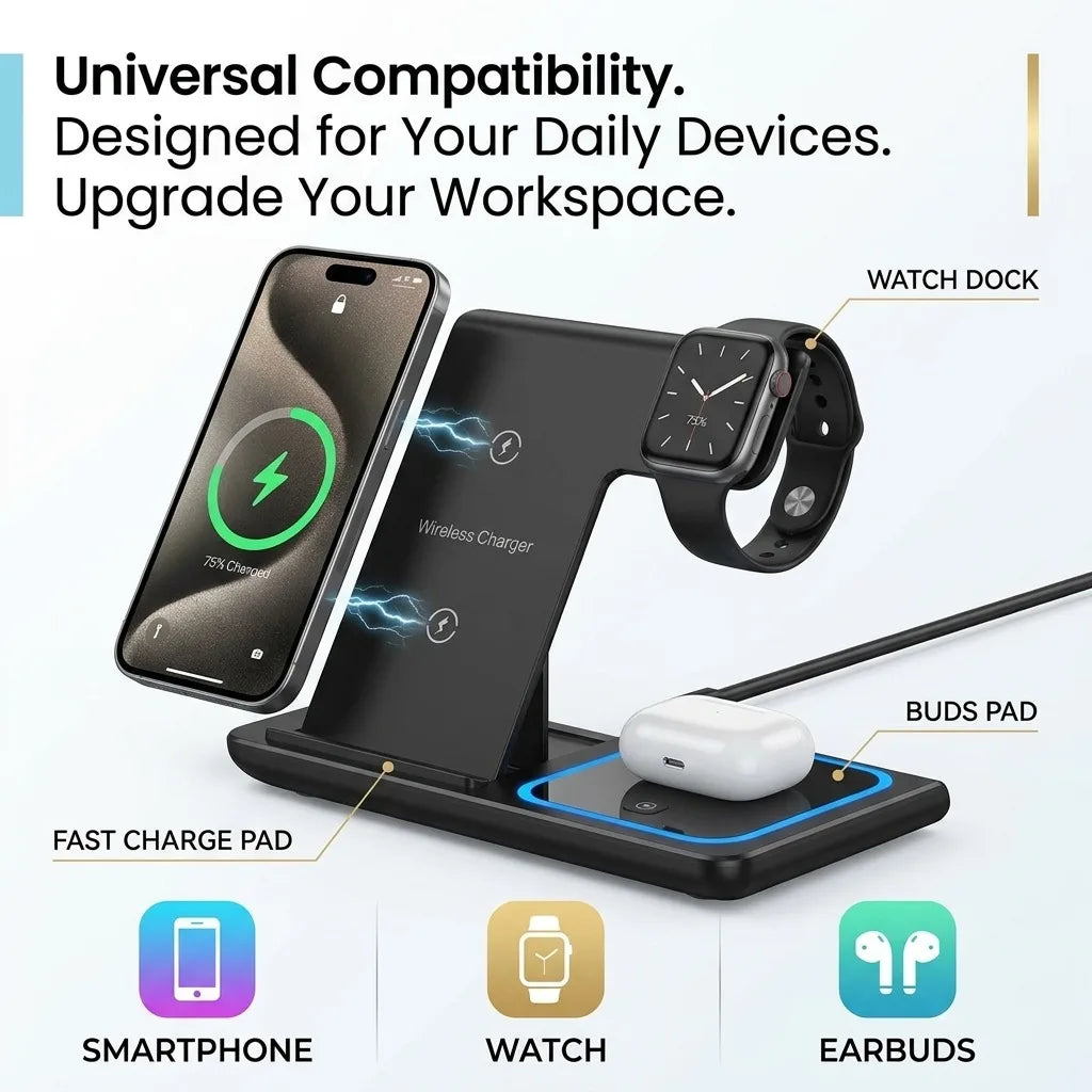 15W 3 in 1 LED Fast Wireless Charger Stand Foldable Charging Station For IPhone18-11 Apple Watch 9 8 7 6 5 Airpods Pro