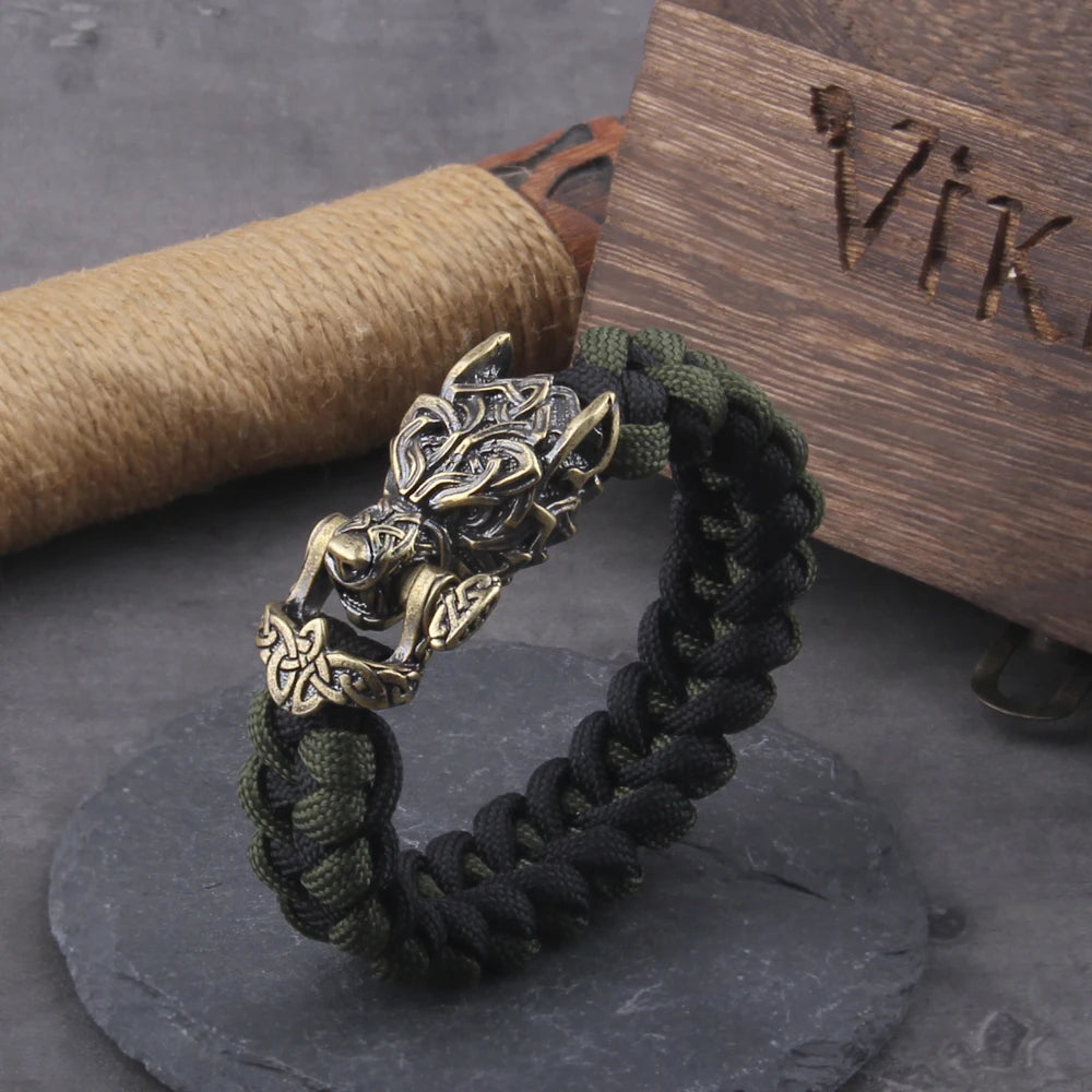 Bracelet Viking Loup Rock pour homme, cordon fait main avec perle tête de loup, bijoux punk et biker, ne ternit jamais