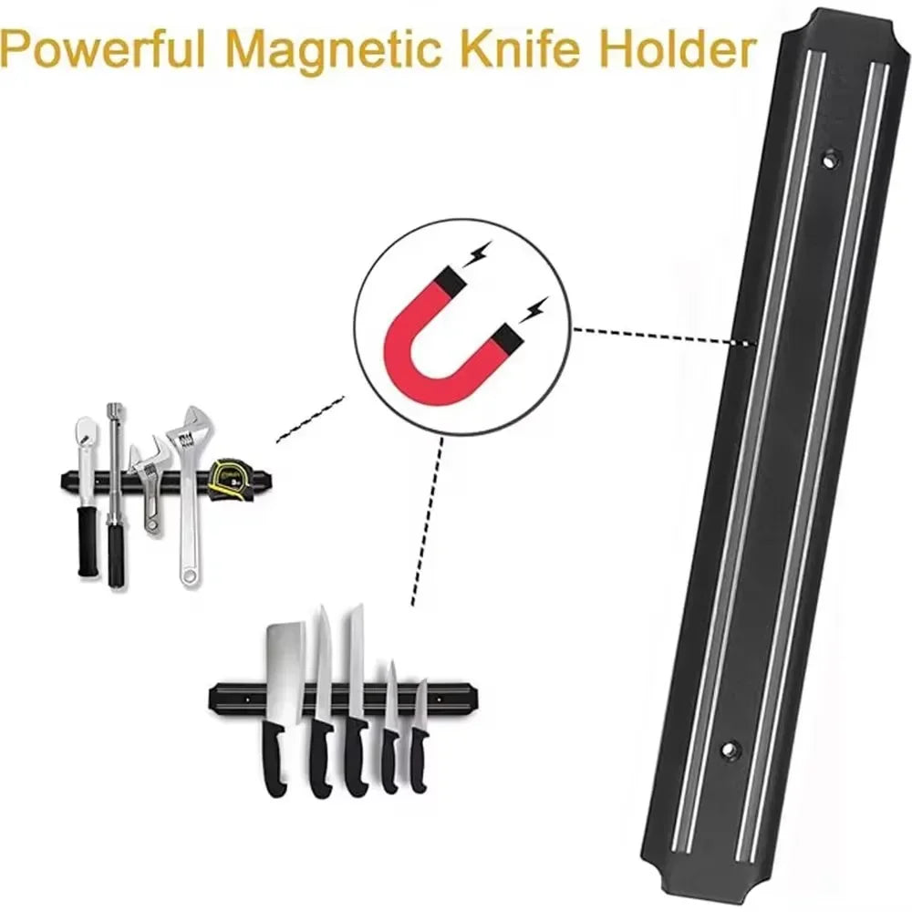 Powerful Magnetic Knife Holder, Multifunctional Wall-Mounted Knife Rack, Black, Practical Kitchen Organizer, No Drilling Required