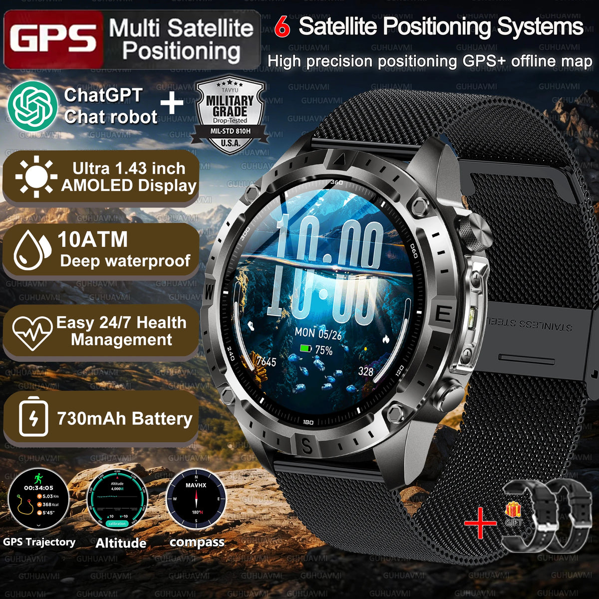 2026New Tank Grade Built in GPS SmartWatch Offline Map 10ATM Swim 2GB Music Compass Bluetooth Call Fitness Sports Smartwatch Men