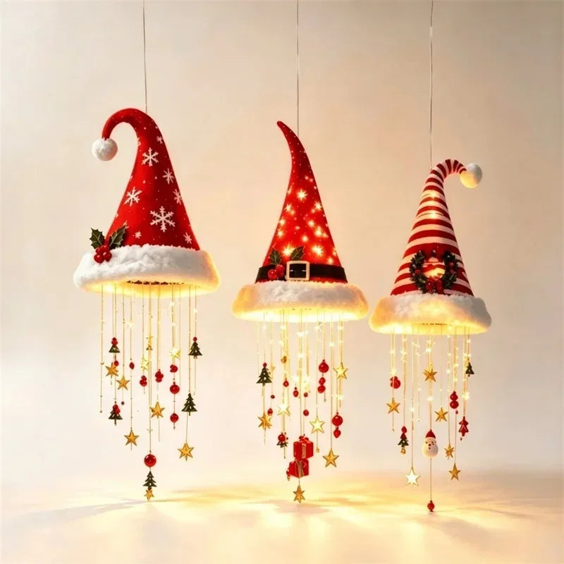 Weihnachtsmannmütze mit LED-Hängelicht, warm leuchtende Lichterkette für Kronleuchter, Weihnachtsdeko für Treppenhaus und festliche Partys, neu