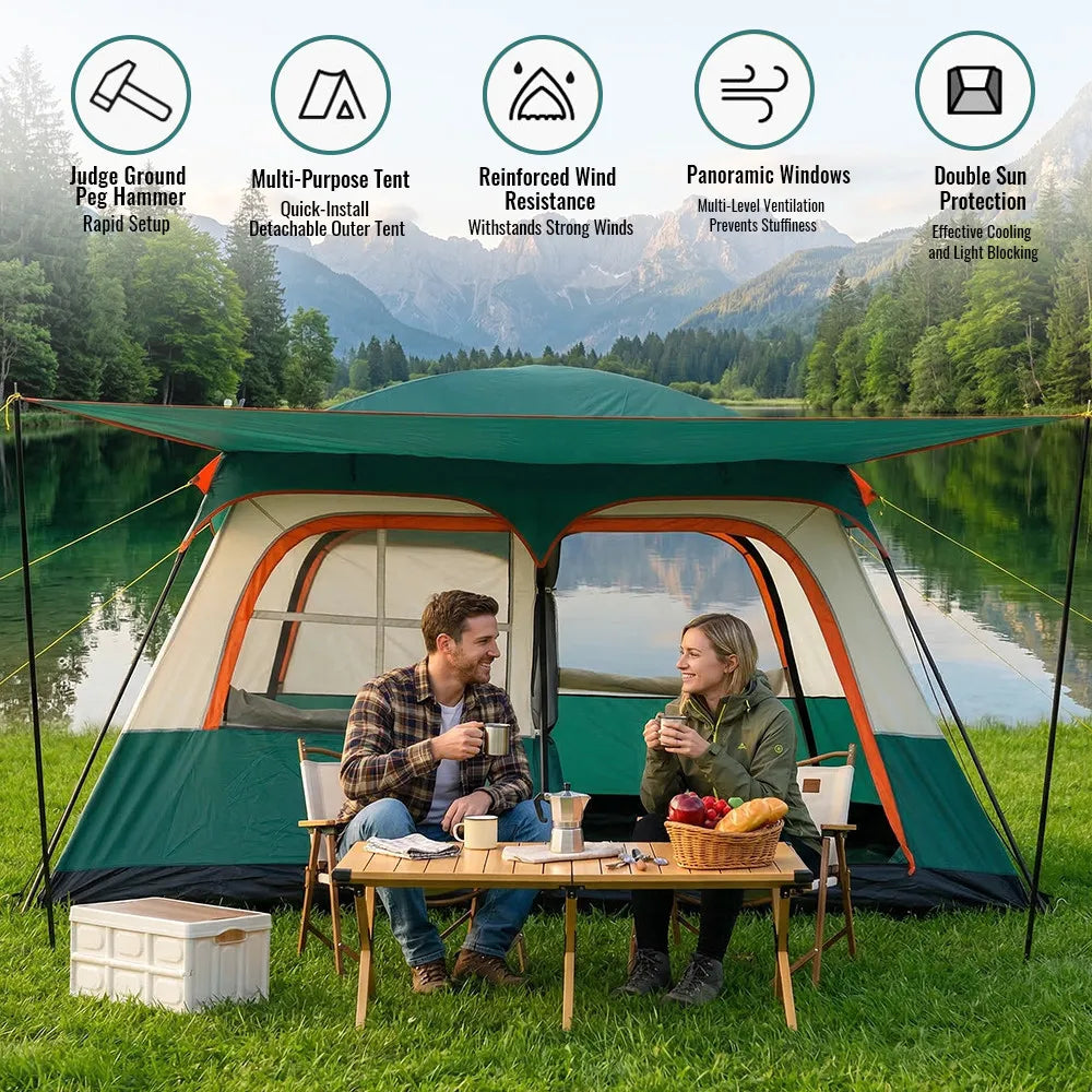 Outdoor Folding Camping Tent for 4-6 Person Tow-Bedroom And One-living Room Design Portable RainProof SunProof Tents for Hiking Travel Fishing