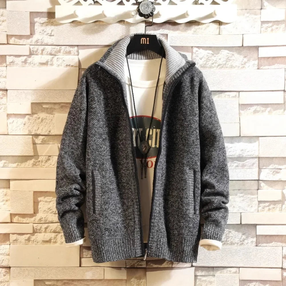 Autumn New Men's Trendy Cardigan Fleece Thicken Solid Casual Loose Sweater Men's Stand-up Collar Knitting Sweater Cardigans