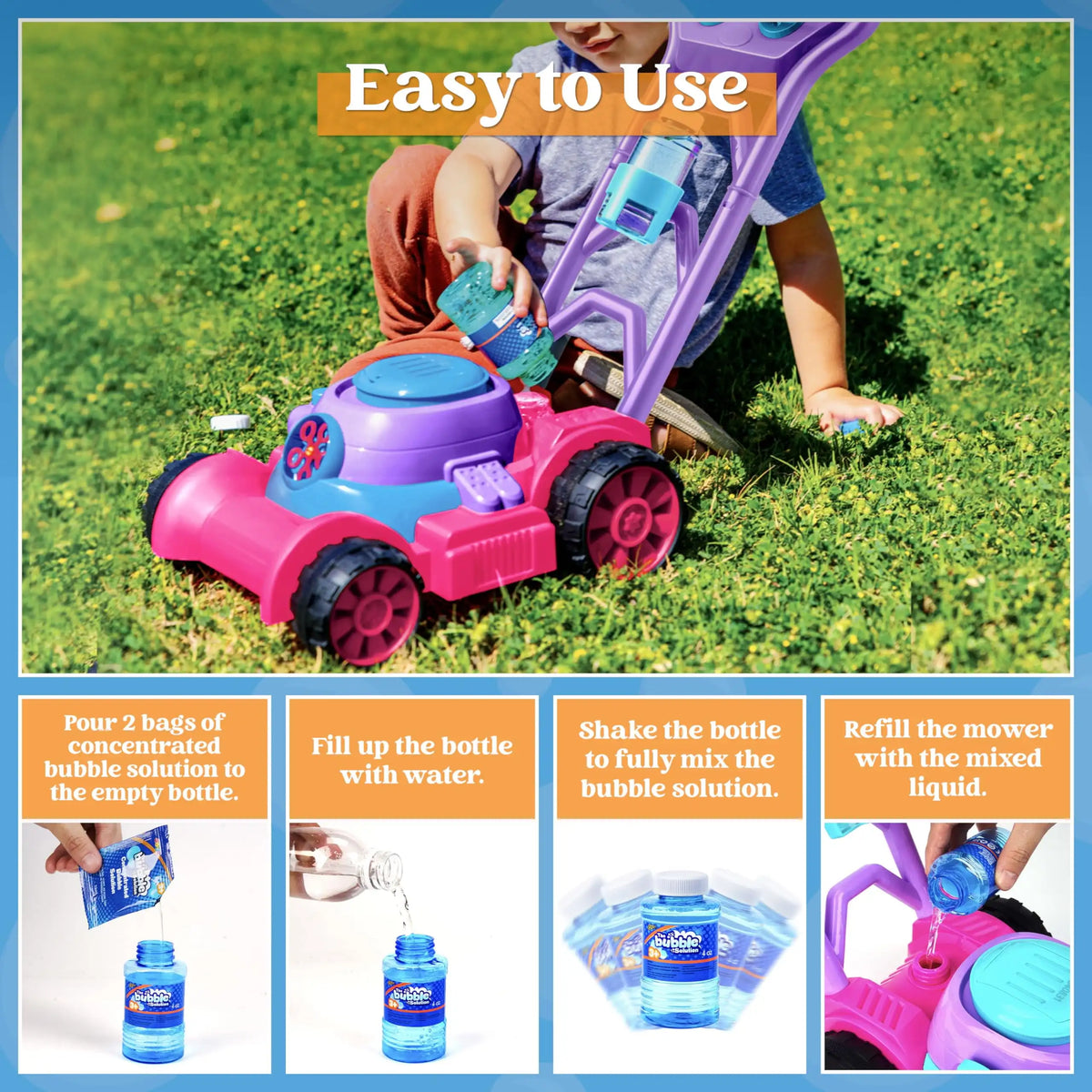 JOYFY Seifenblasenmaschine Seifenblasen-Rasenmäher Sommer-Spielzeug für draußen Rosa Seifenblasenbläser für Kinder 3-6 Geburtstagsgeschenke