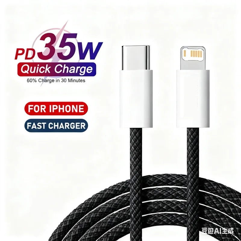 Cable trenzado PD de 1 m y 2 m, carga rápida de 35 W para iPhone 13, 14 Pro Max, 11, 12 mini, X, XR, XS Max, 7 y 8 Plus, cable USB-C para carga rápida y transferencia de datos