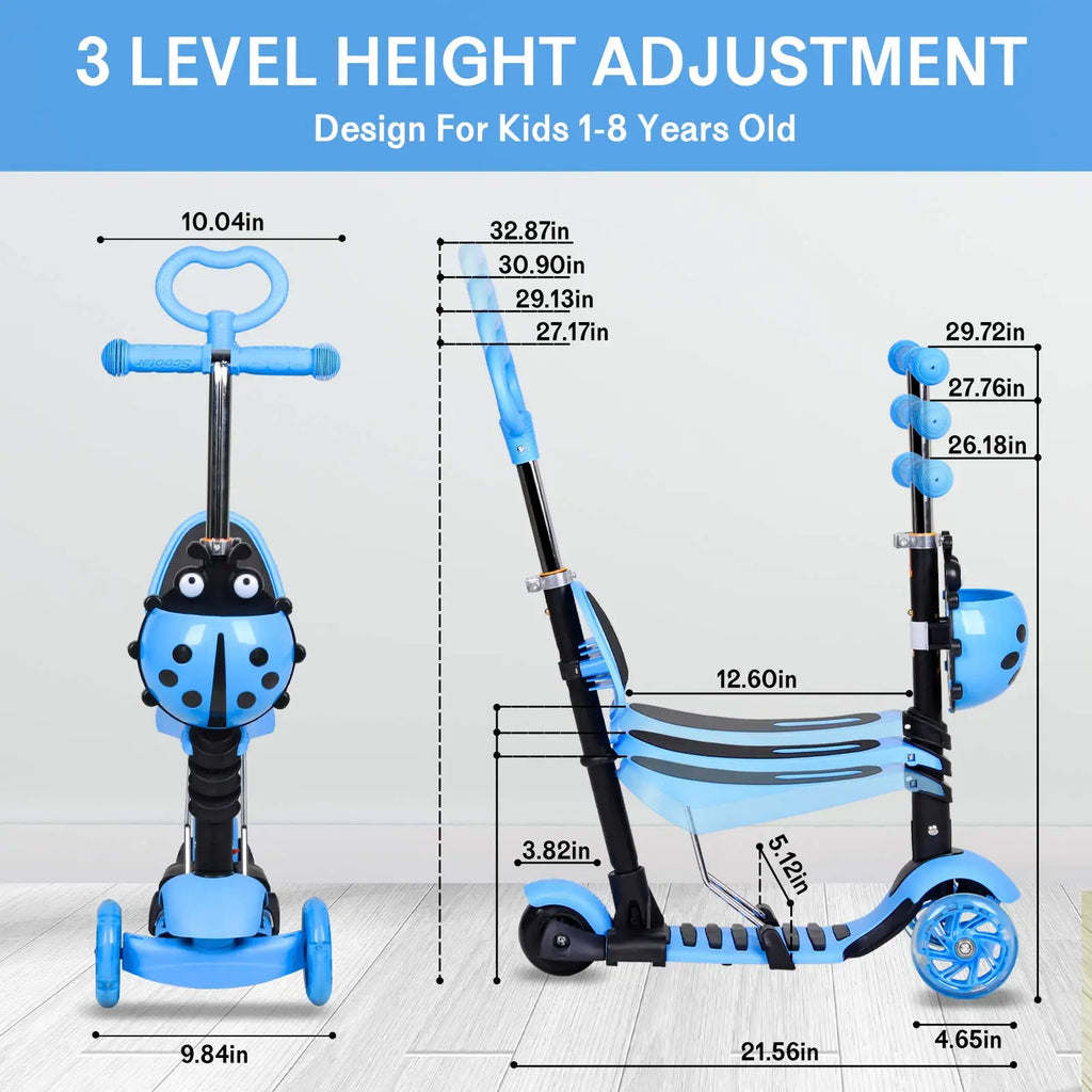 Patinete 5 en 1 para niños, patinete de 3 ruedas con luces LED intermitentes, manillar, asiento y asa de empuje ajustables y extraíbles