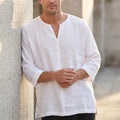 Men's Long Sleeve T-shirt Cotton Linen Breathable Lightweight V-neck Solid Color Casual Loose Fit Fashion Classic Male Tees