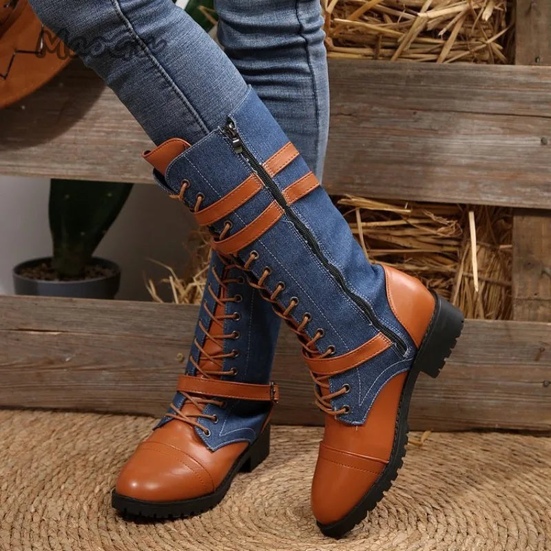 Women's Plus Size 35-43 Chunky Heel Lace Up Riding Boots Mid Calf Leather Boots Round Toe Autumn Fashion Cowgirls Shoes Side Zip
