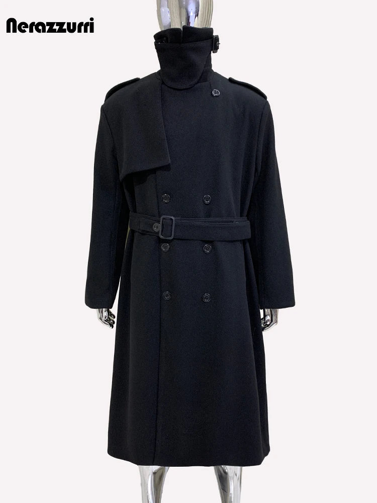 Nerazzurri Autumn Winter Long Oversized Black Warm Woolen Coat Men Belt Chic Luxury Designer Clothes Wool Blends Overcoat 2024
