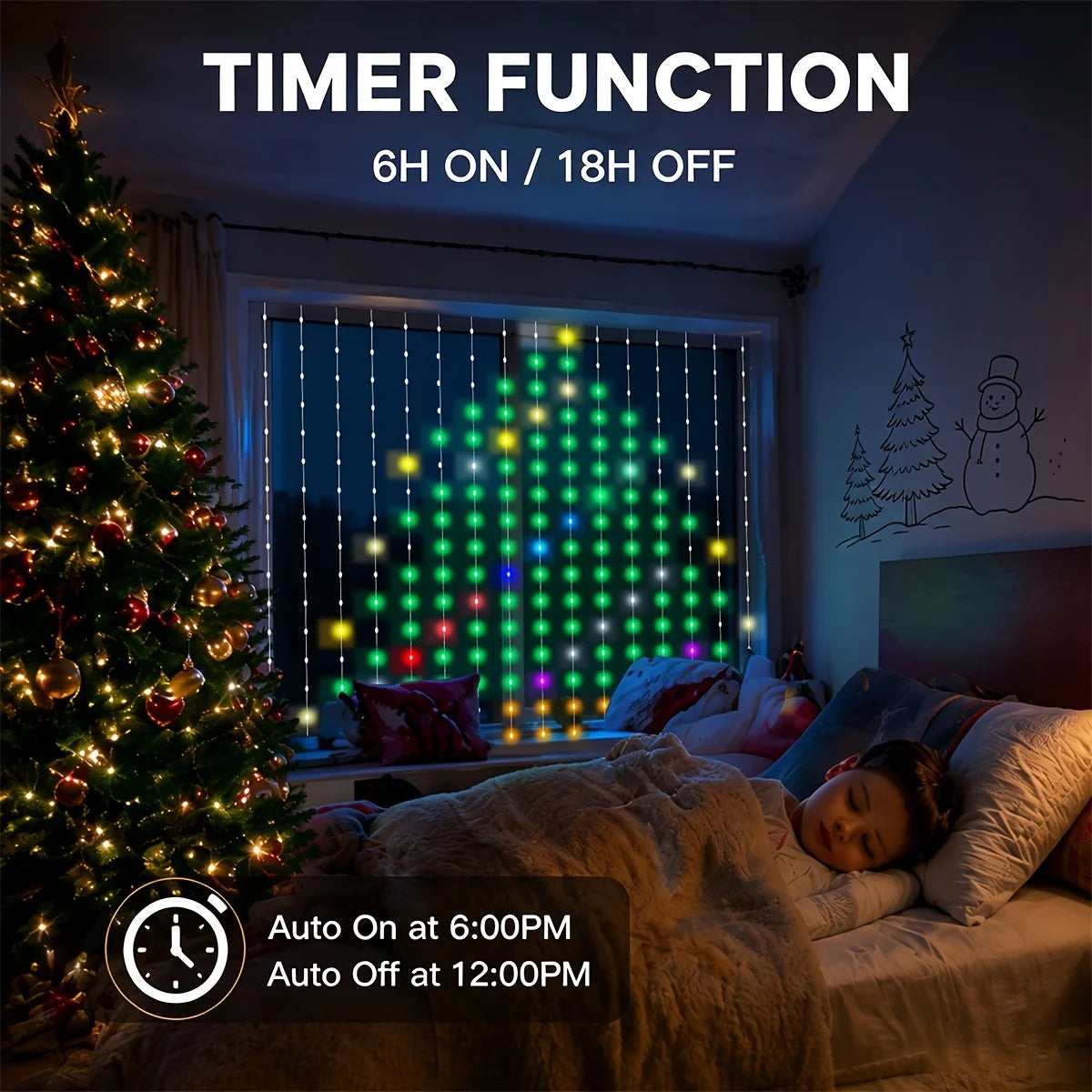 Rideau lumineux à LED RVB contrôlé par application intelligente, motifs personnalisables programmables et affichage de texte, guirlande lumineuse synchronisée sur la musique pour décoration d’Halloween et de Noël aux fenêtres et sur les murs