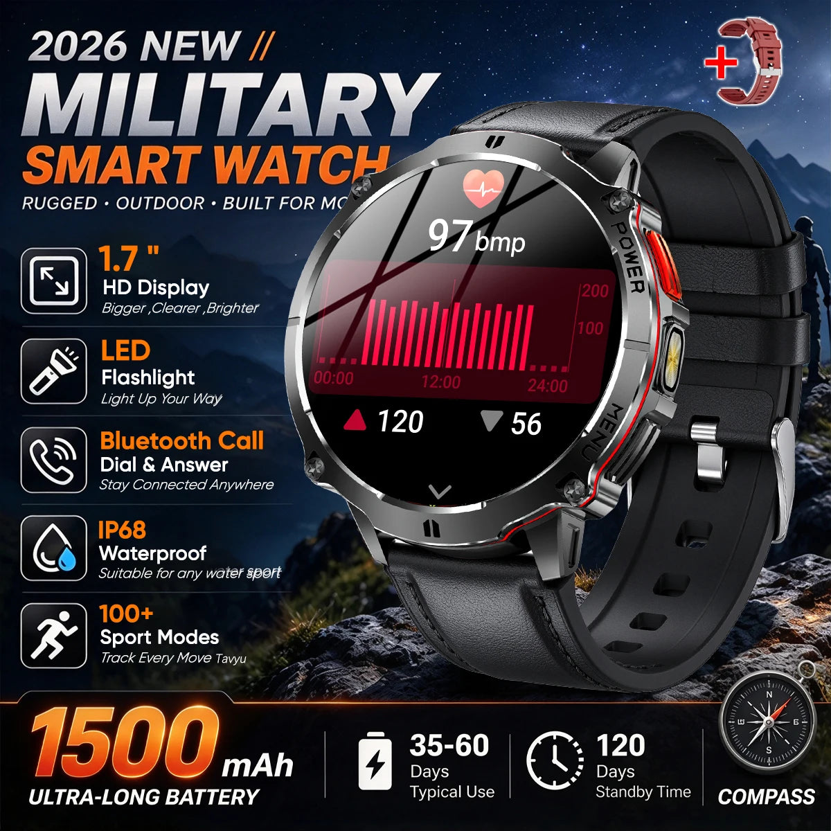 Military T-Rx6 Smartwatch,1.7'AMOLED Screen,150 Day Battery,IP68 Waterproof,Metal,120 Fitness Modes,Flashlight,For Men Women New