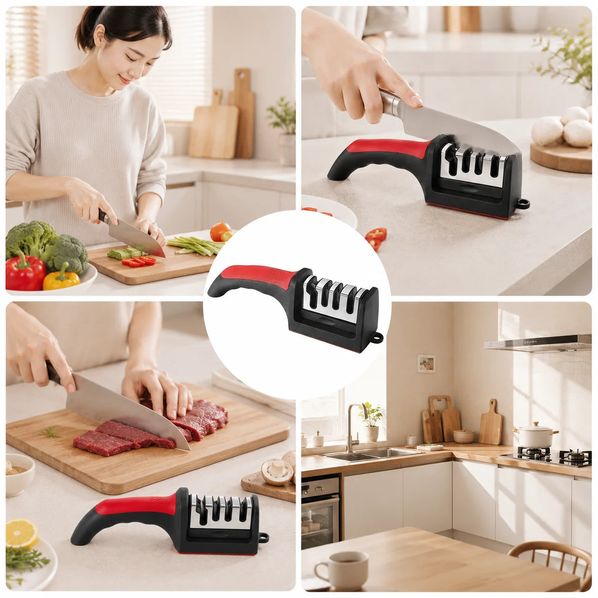 Afilador de cuchillos de 4 etapas para cuchillos de cocina, de acero inoxidable, con piedra de afilar de triple uso para utensilios de cocina