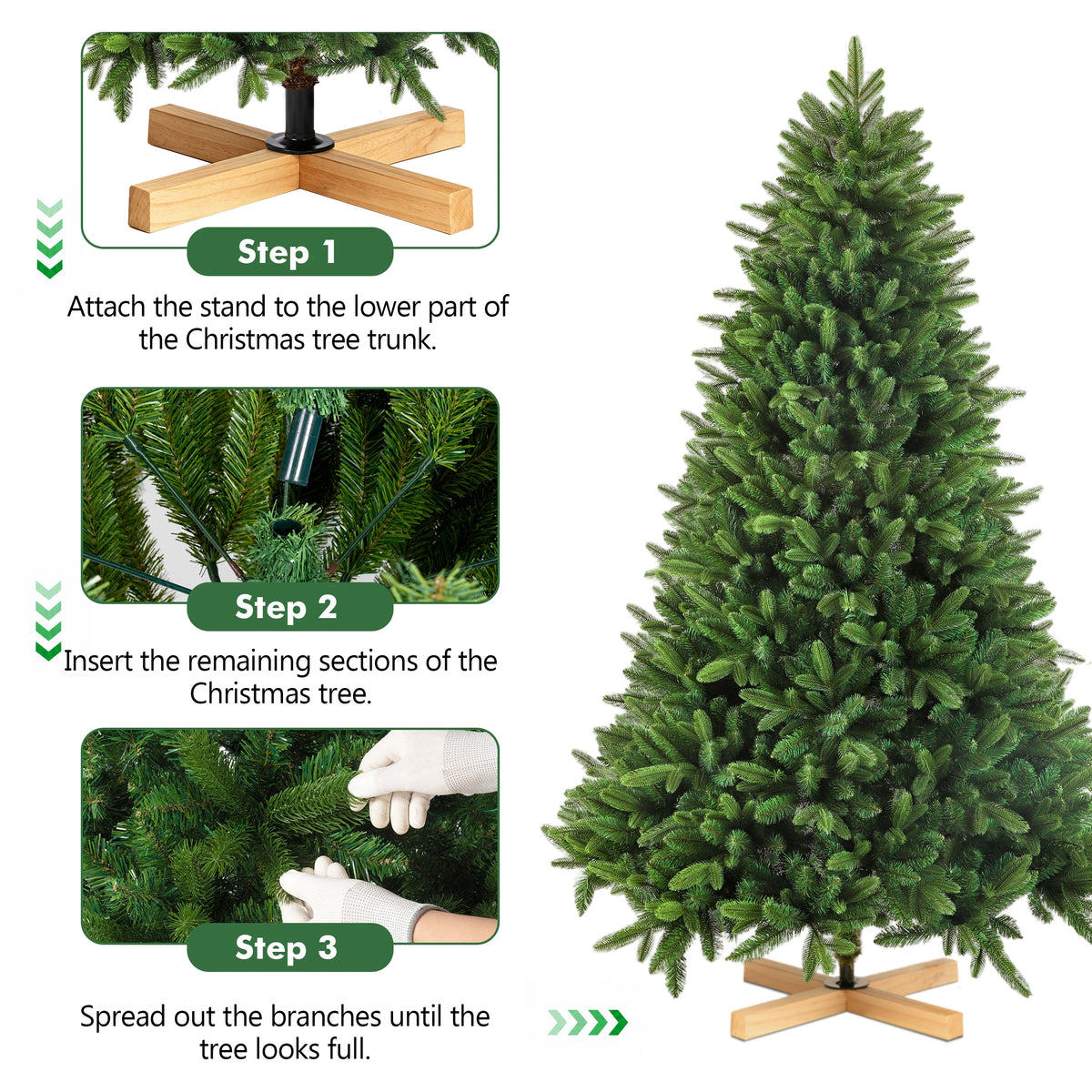 PVC+PE Artificial Christmas Tree 180/210cm, 940/1209 Branch Tips, 300/400 Warm White LEDs, Realistic 3D PE+PVC Fir Tree with Wooden Stand, Indoor Xmas Decoration
