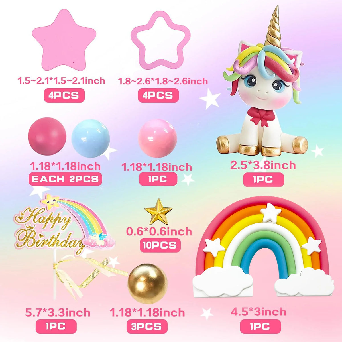 Set di decorazioni per torta con unicorno e arcobaleno