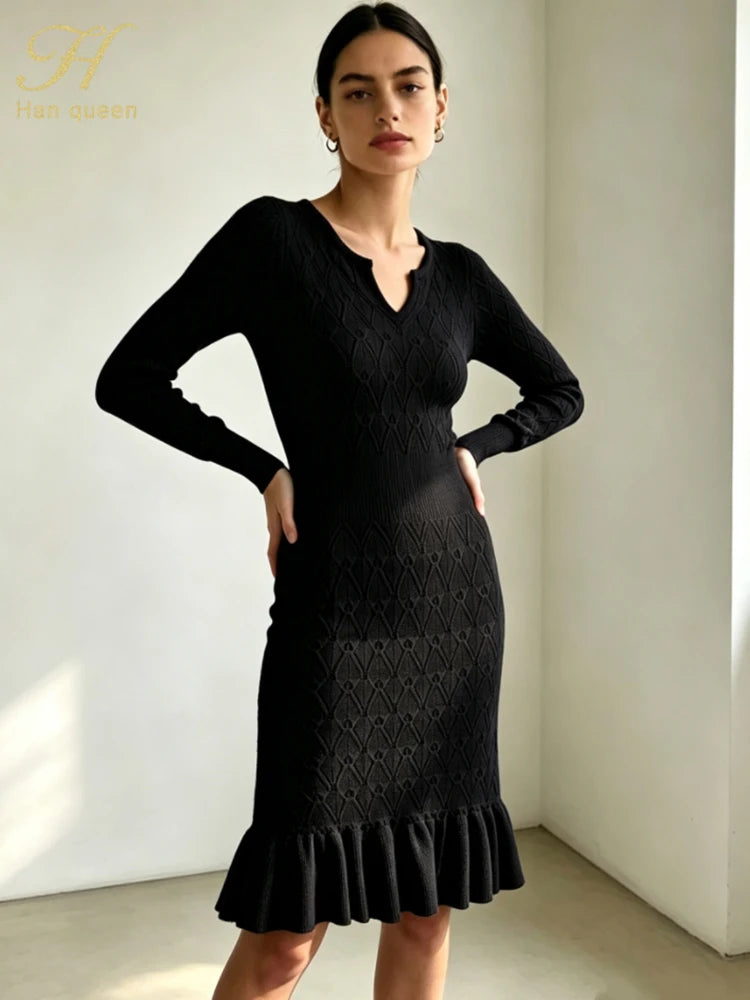 Abito in maglia a sirena con scollo a V e maniche lunghe
